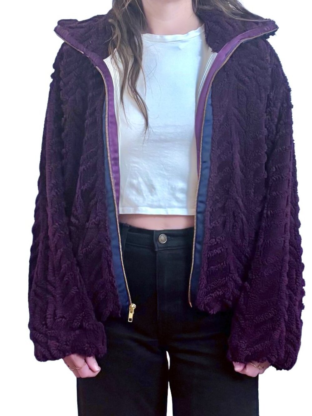 Pilcro at Anthropologie Textured Faux Fur Jacket, Royal Purple, Size Medium - Picture 3 of 11